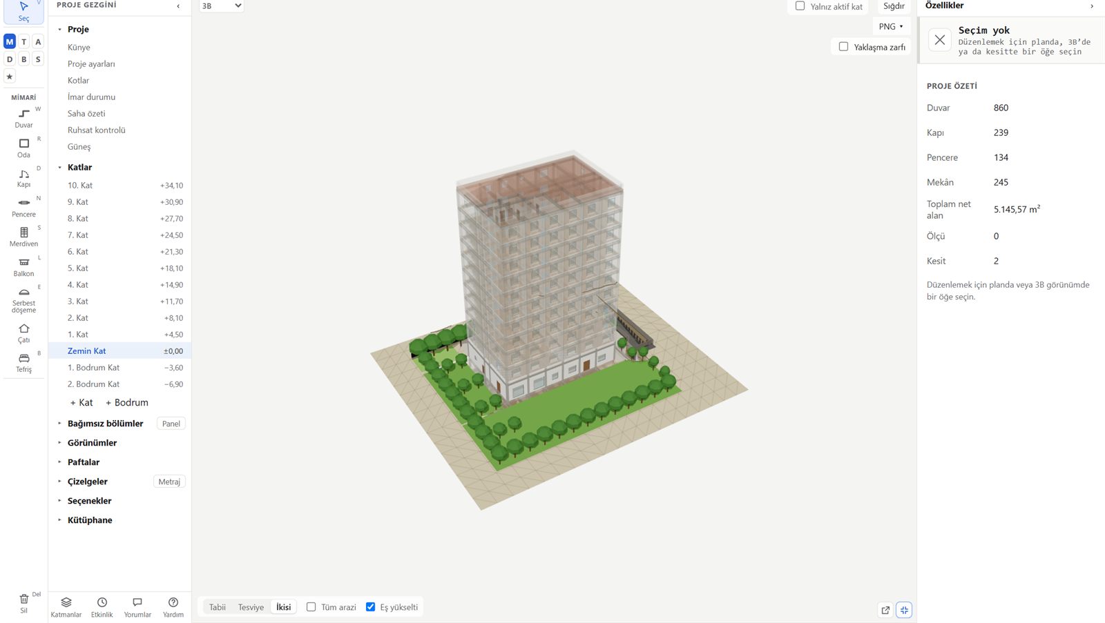 3D model of a twelve-storey office and hotel building with landscape