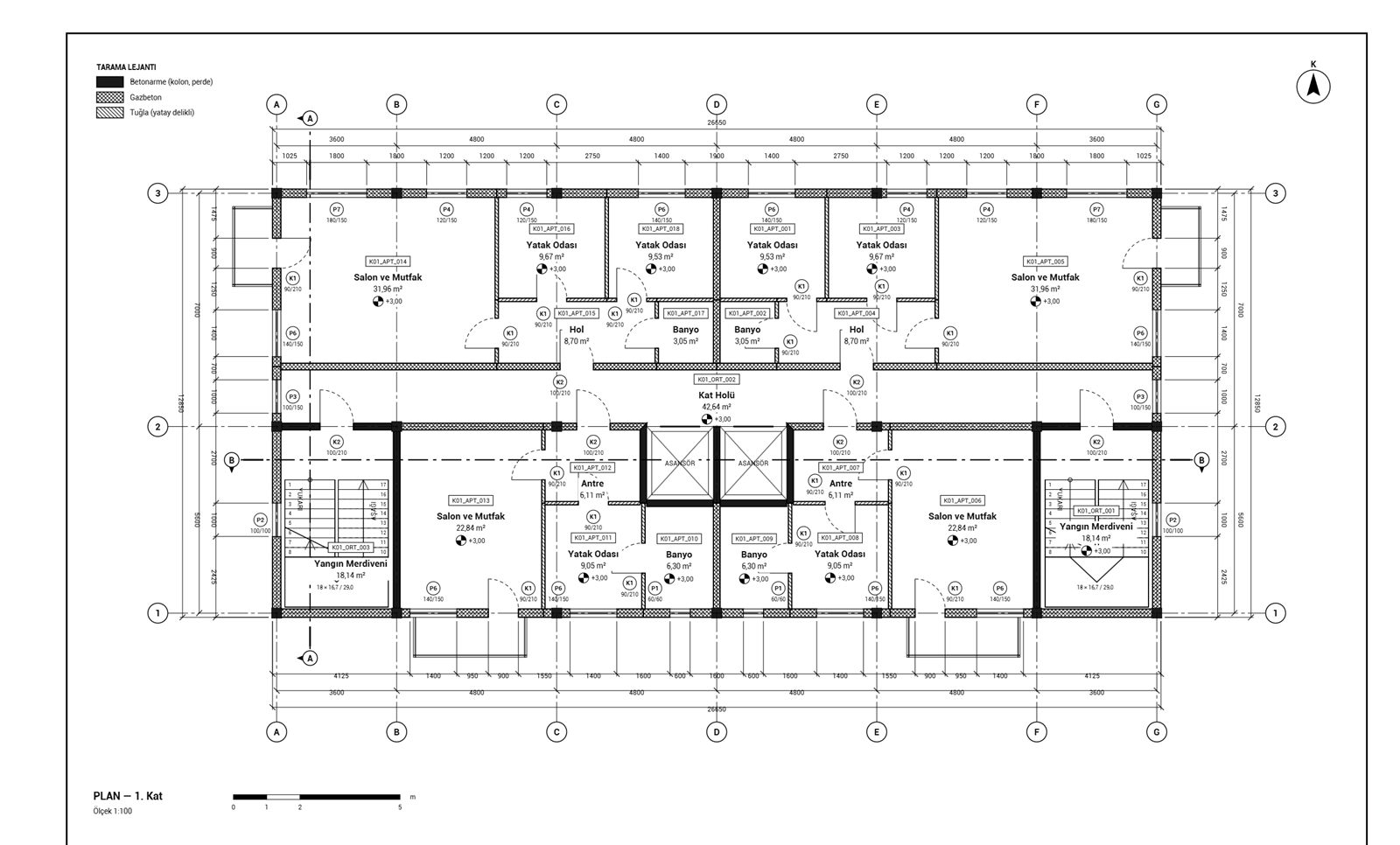 Generated floor plan sheet with grid, dimensions, room areas and hatch legend